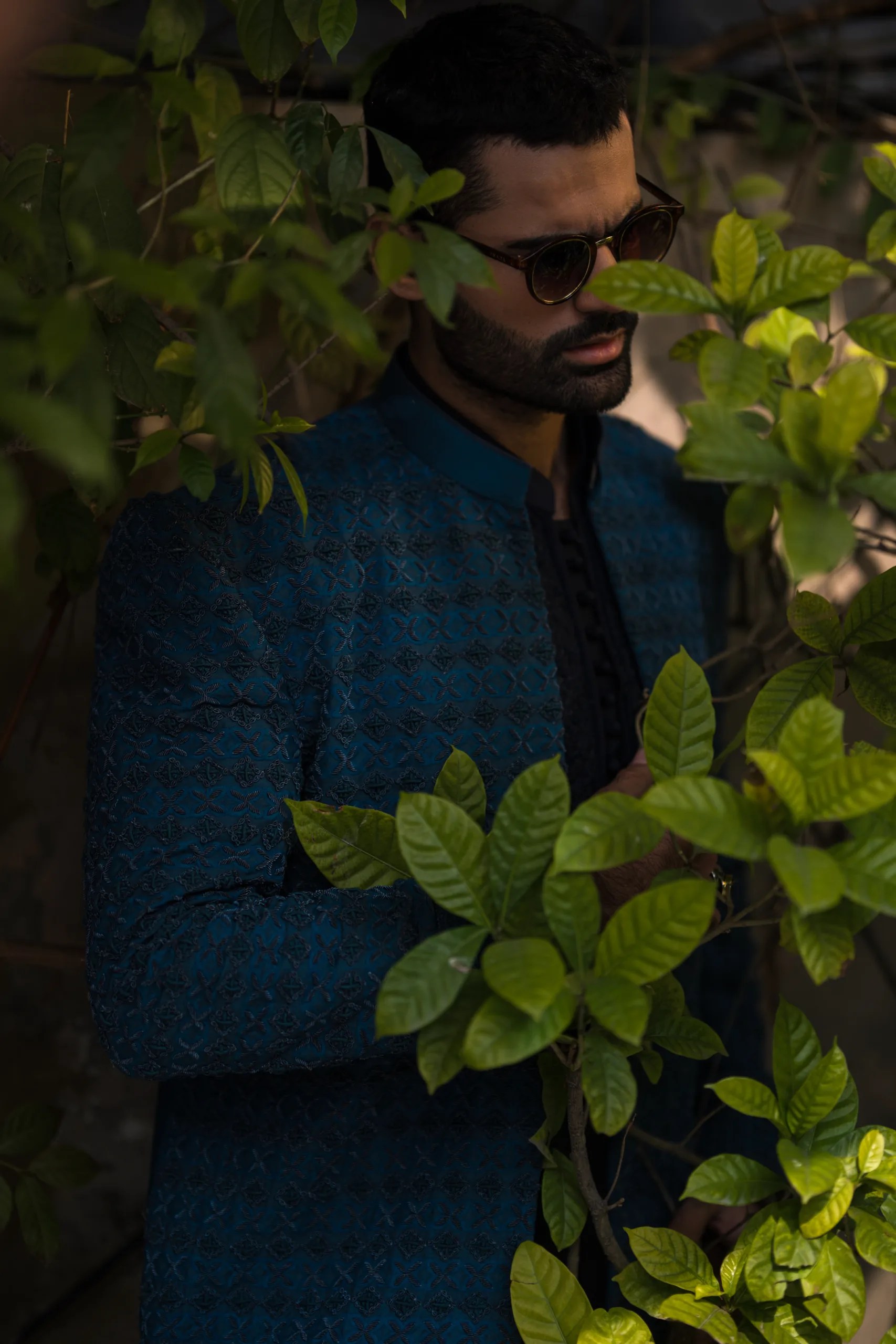Midnight Blue Embroidered Raw Silk Sherwani (3-Piece) - Image 14