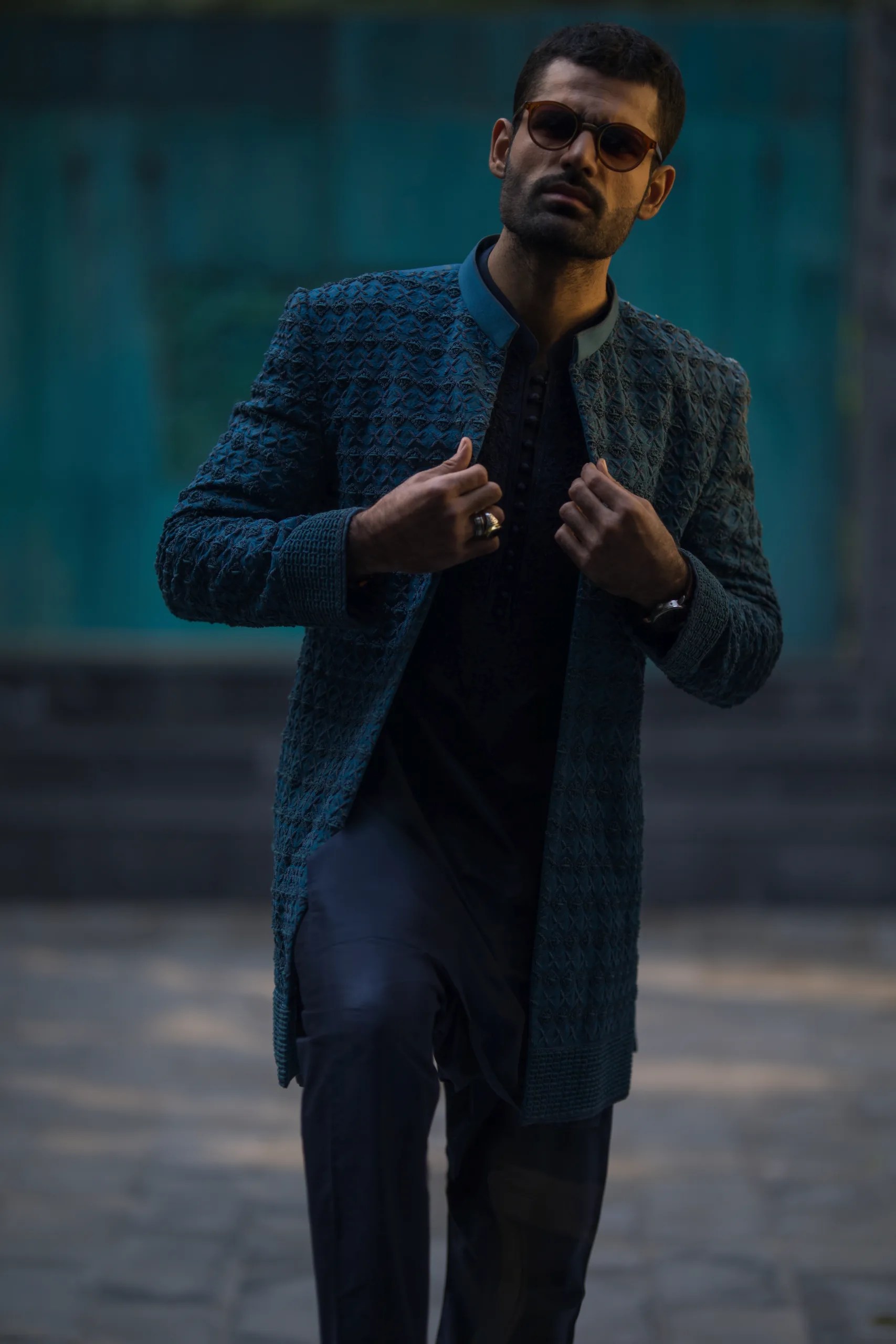 Midnight Blue Embroidered Raw Silk Sherwani (3-Piece) - Image 16