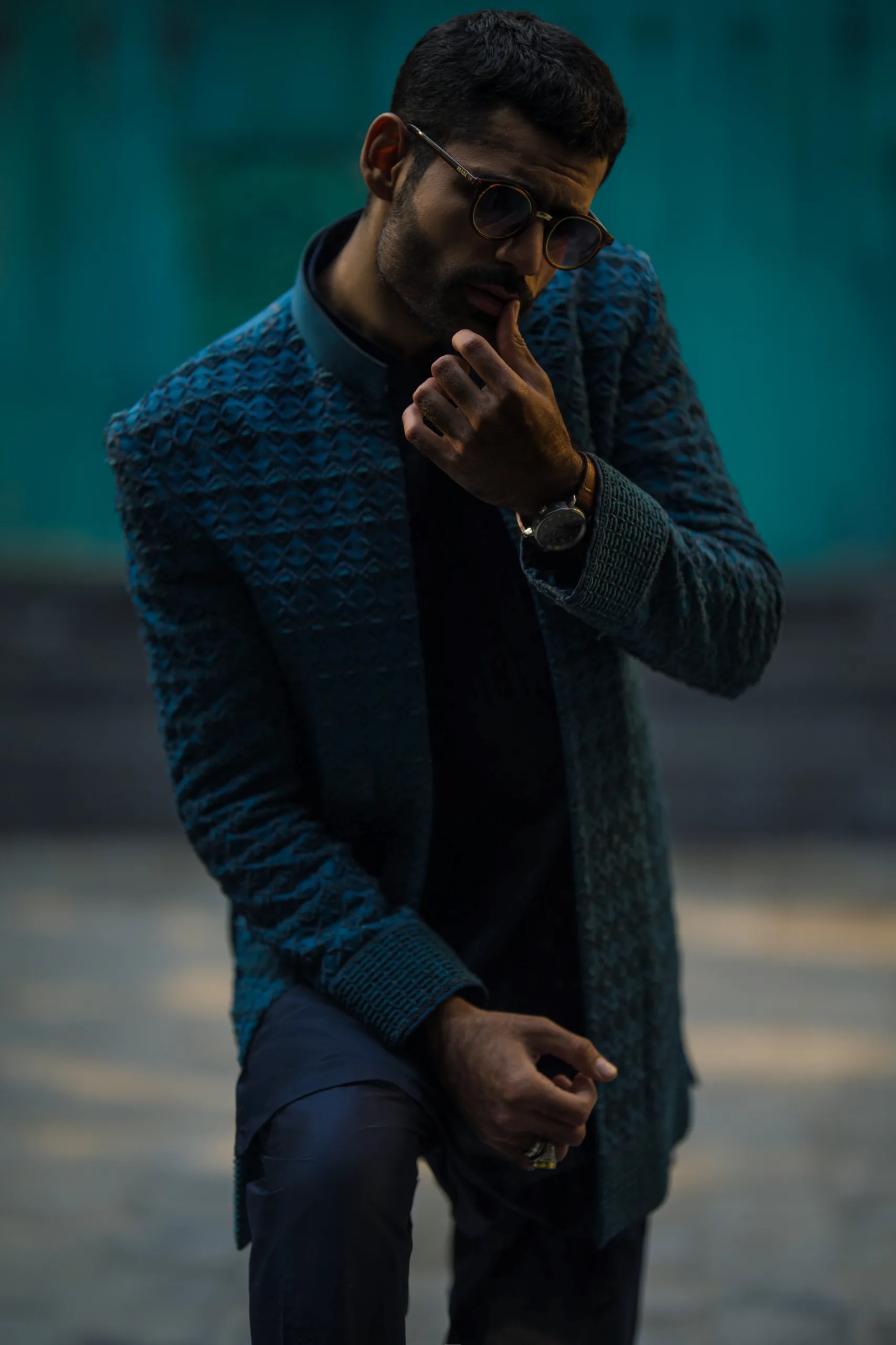 Midnight Blue Embroidered Raw Silk Sherwani (3-Piece) - Image 17