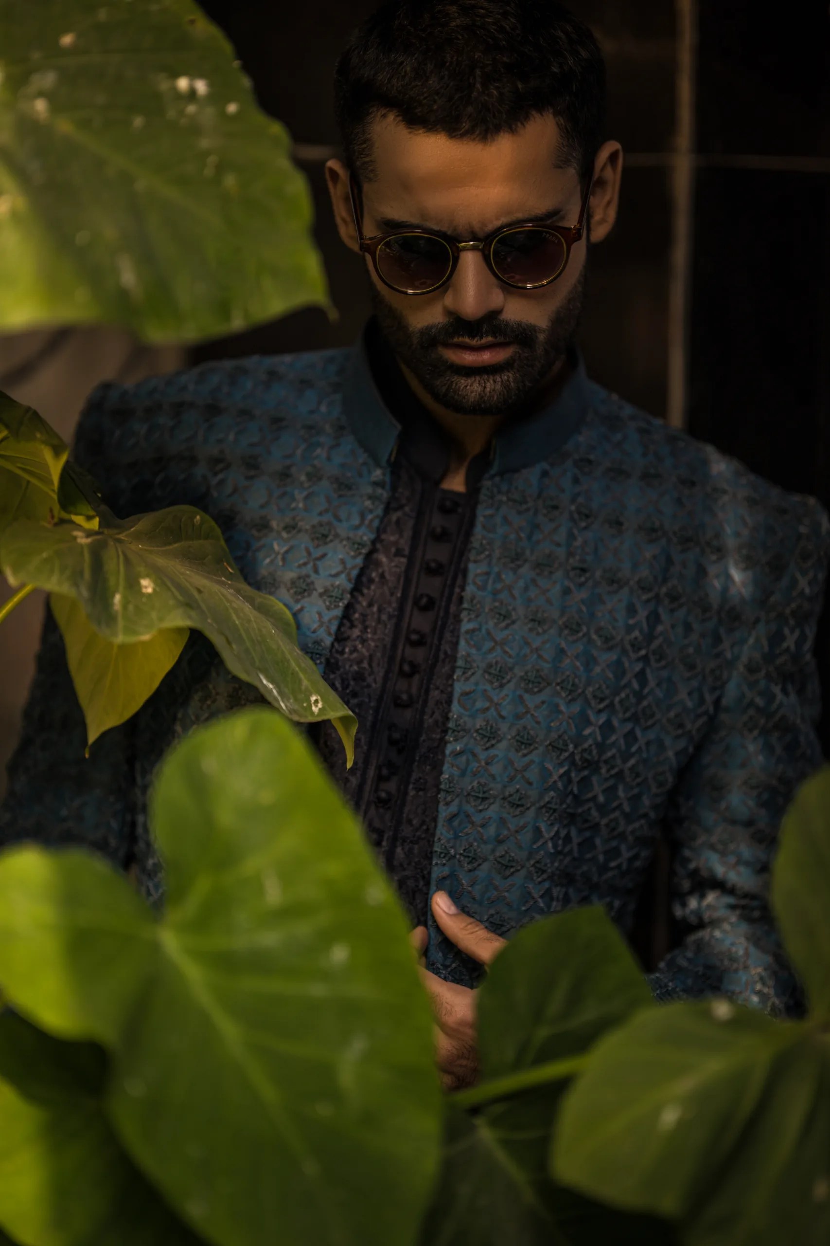 Midnight Blue Embroidered Raw Silk Sherwani (3-Piece) - Image 18