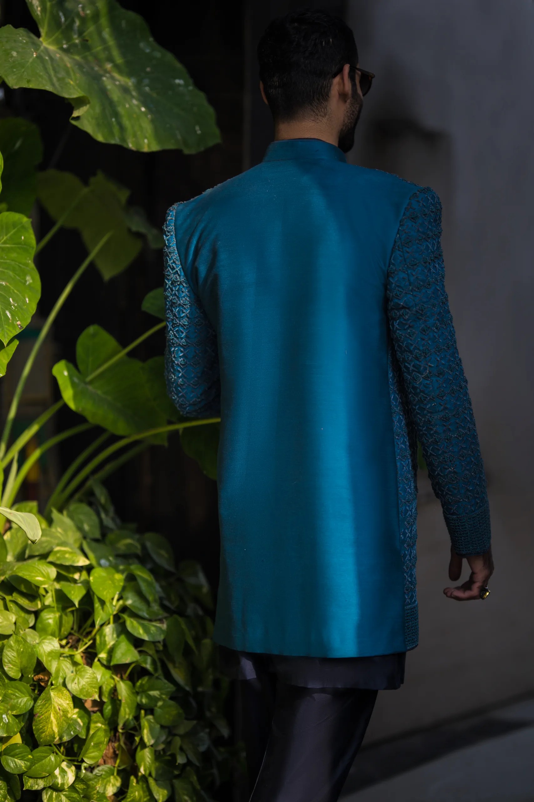 Midnight Blue Embroidered Raw Silk Sherwani (3-Piece) - Image 19