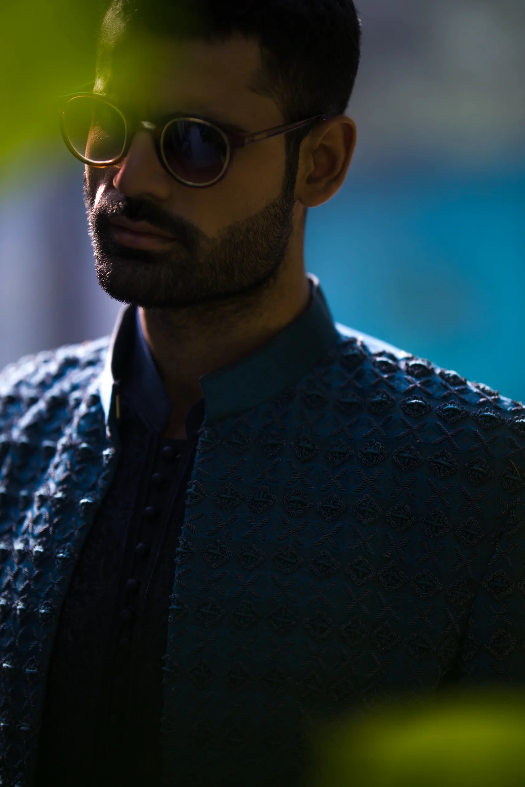 Midnight Blue Embroidered Raw Silk Sherwani (3-Piece) - Image 2