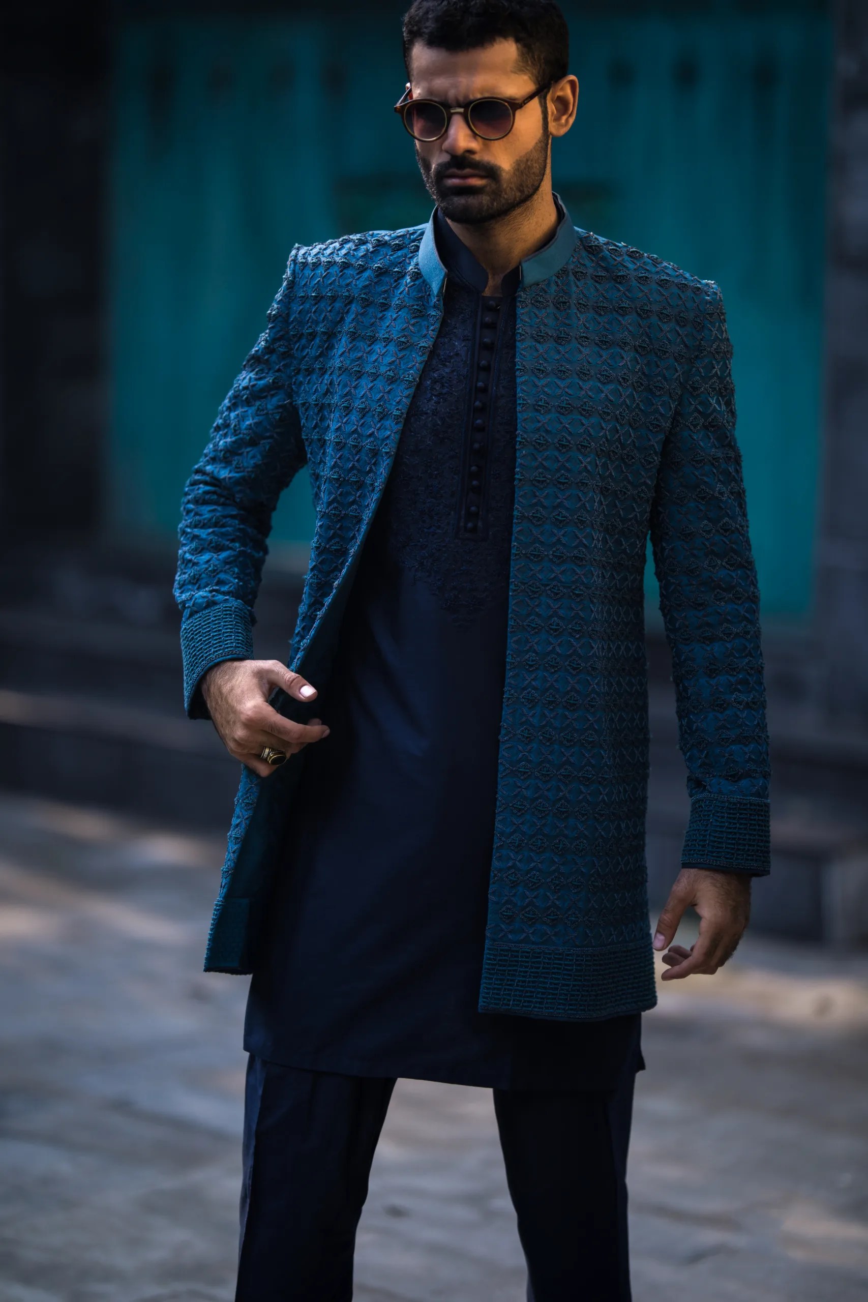 Midnight Blue Embroidered Raw Silk Sherwani (3-Piece) - Image 3