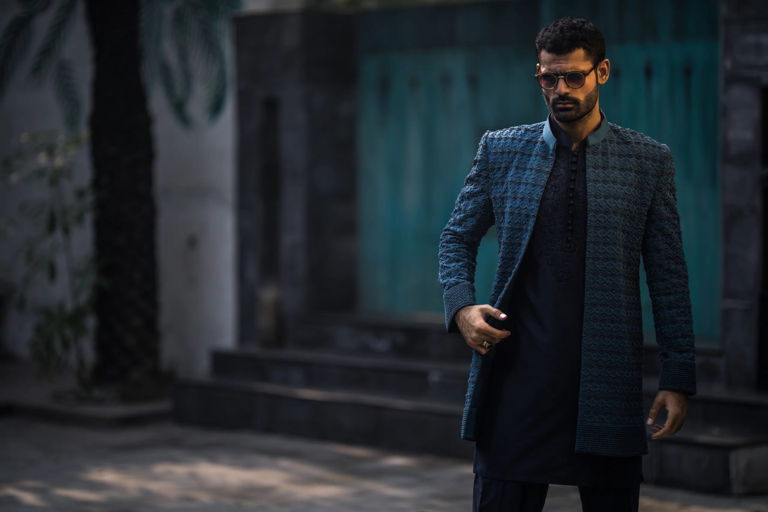 Midnight Blue Embroidered Raw Silk Sherwani (3-Piece) - Image 5