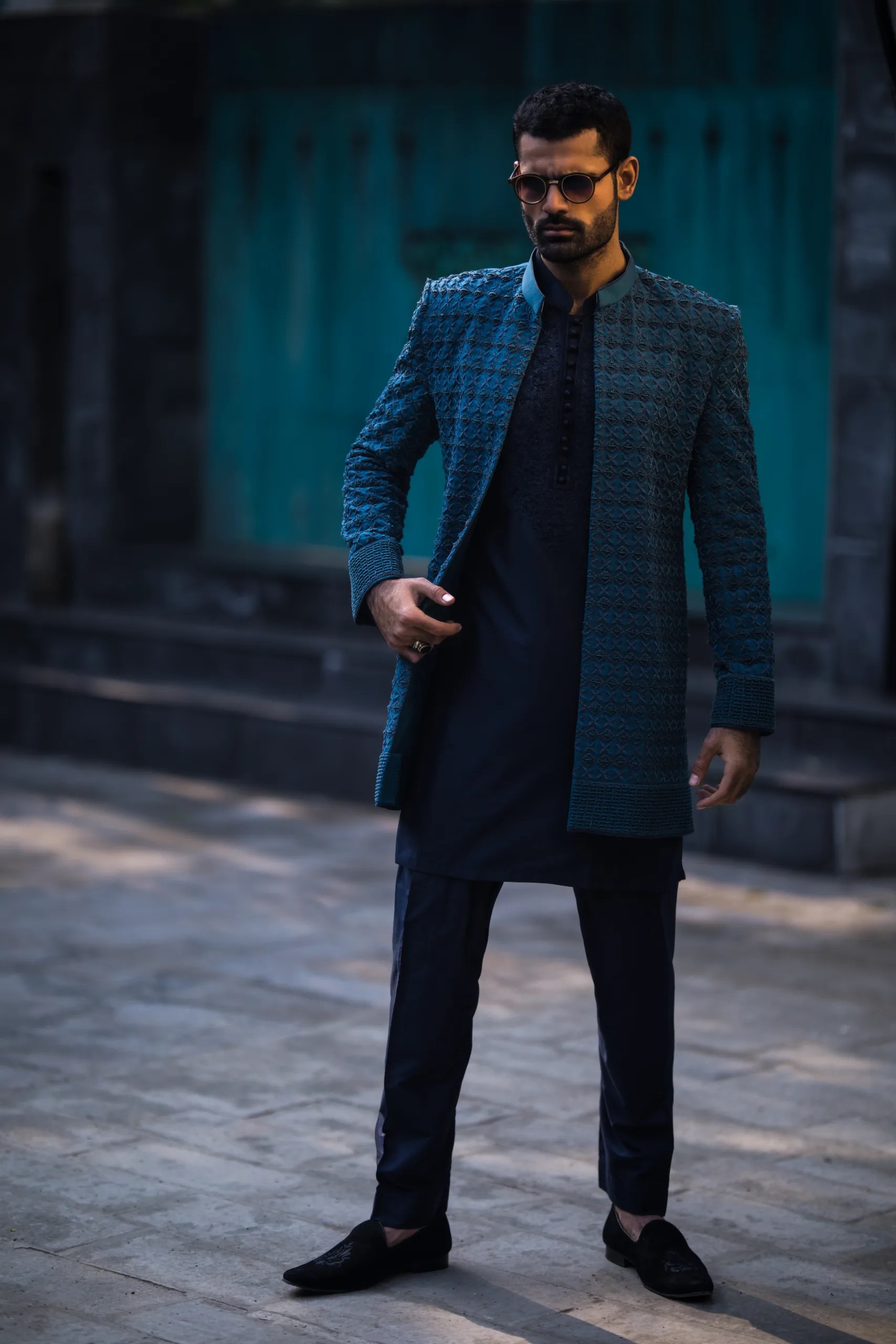 Midnight Blue Embroidered Raw Silk Sherwani (3-Piece) - Image 6