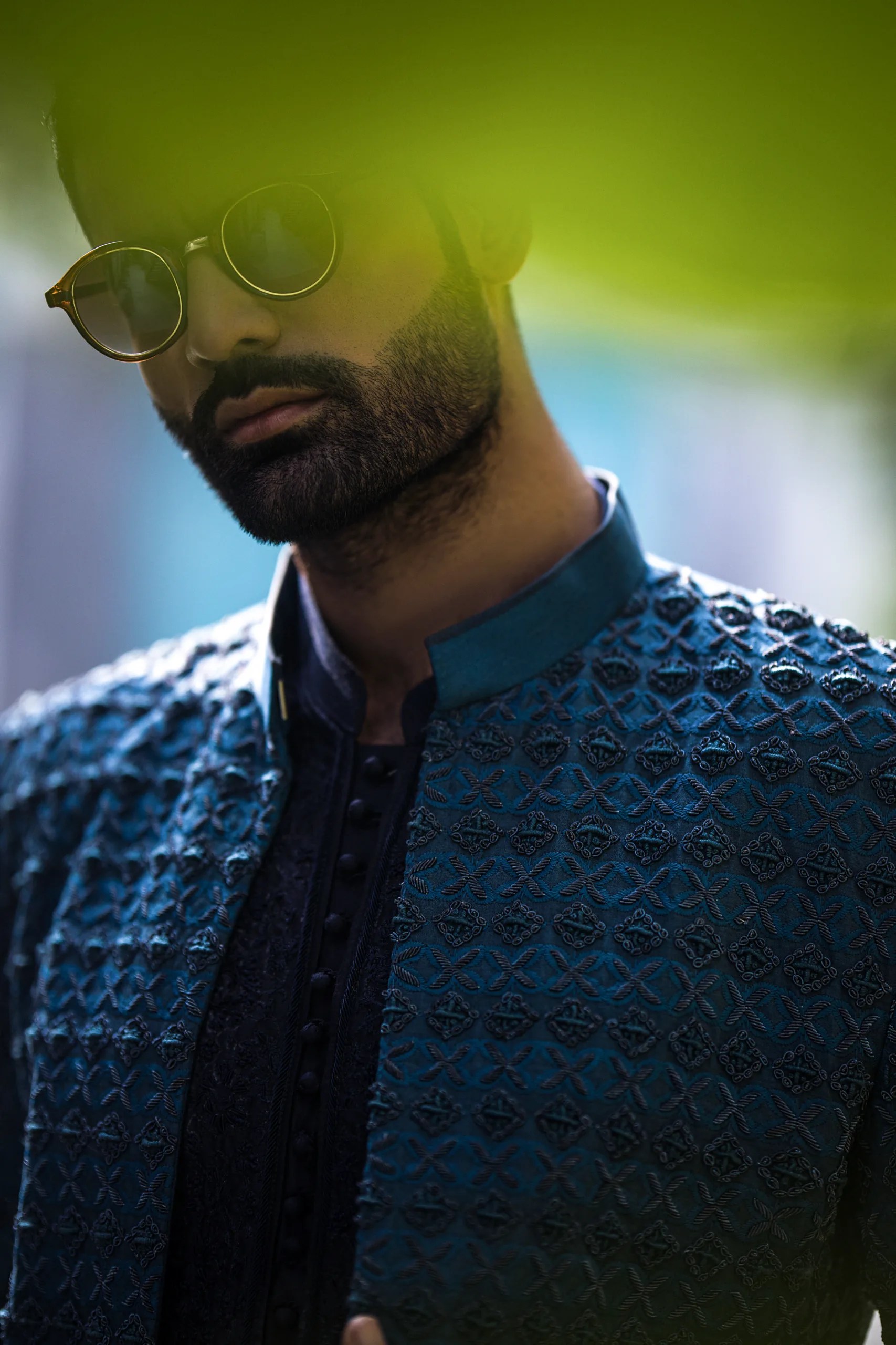 Midnight Blue Embroidered Raw Silk Sherwani (3-Piece) - Image 7