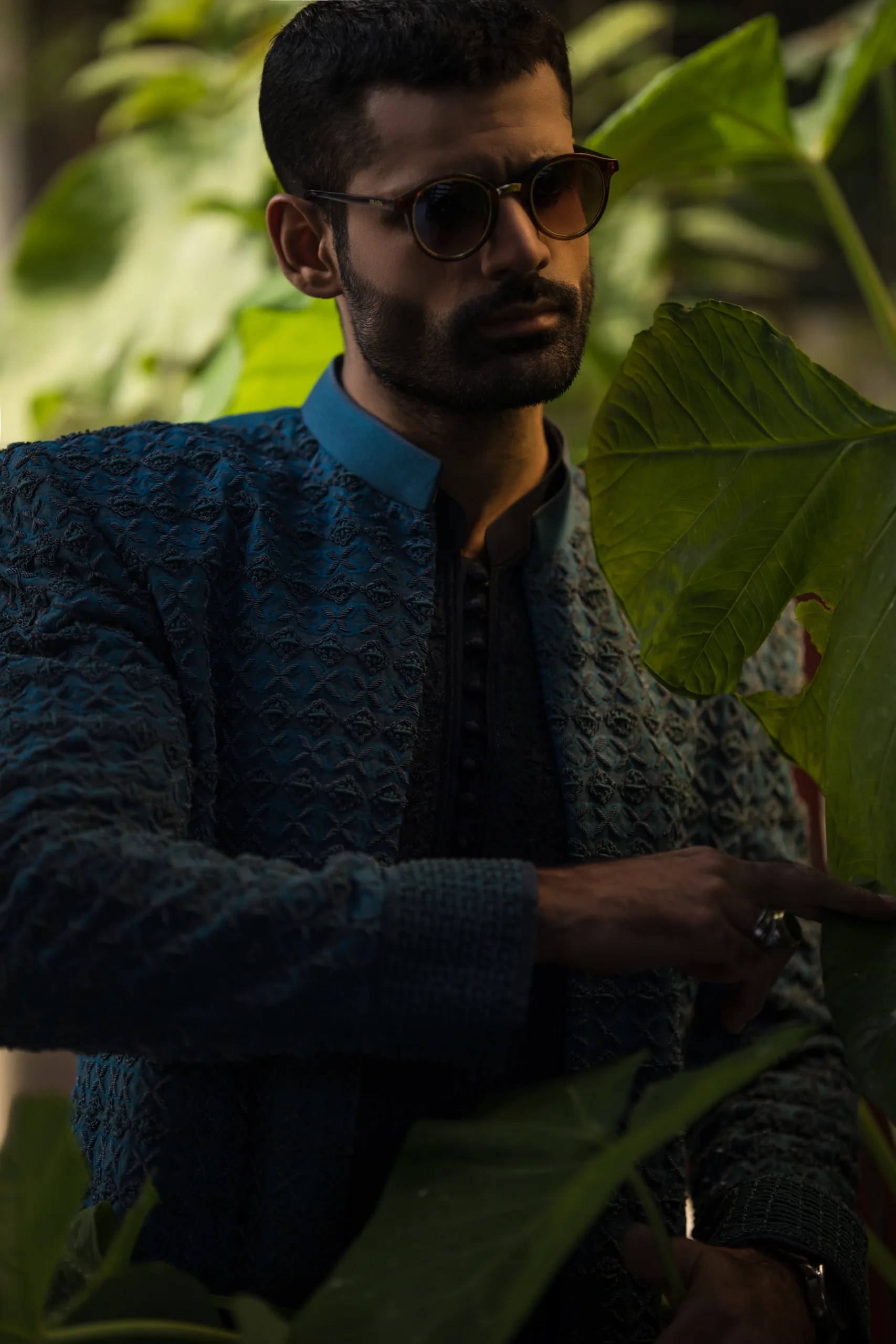 Midnight Blue Embroidered Raw Silk Sherwani (3-Piece) - Image 9