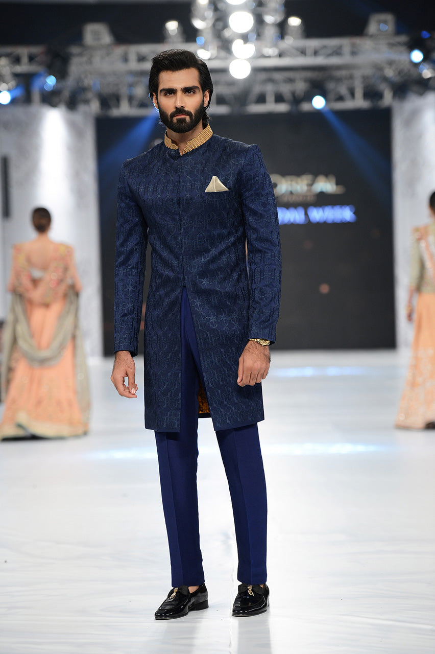 Deep Blue Jacquard Raw Silk Sherwani (2-Piece) - Image 1