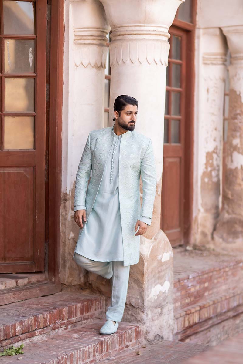 Ice Blue Embroidered Raw Silk Sherwani (3-Piece) - Image 1