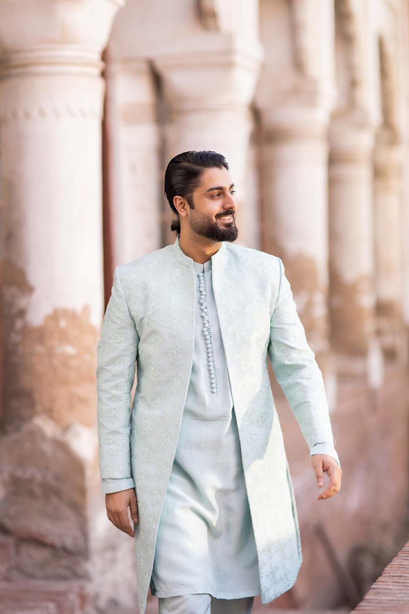 Ice Blue Embroidered Raw Silk Sherwani (3-Piece) - Image 2