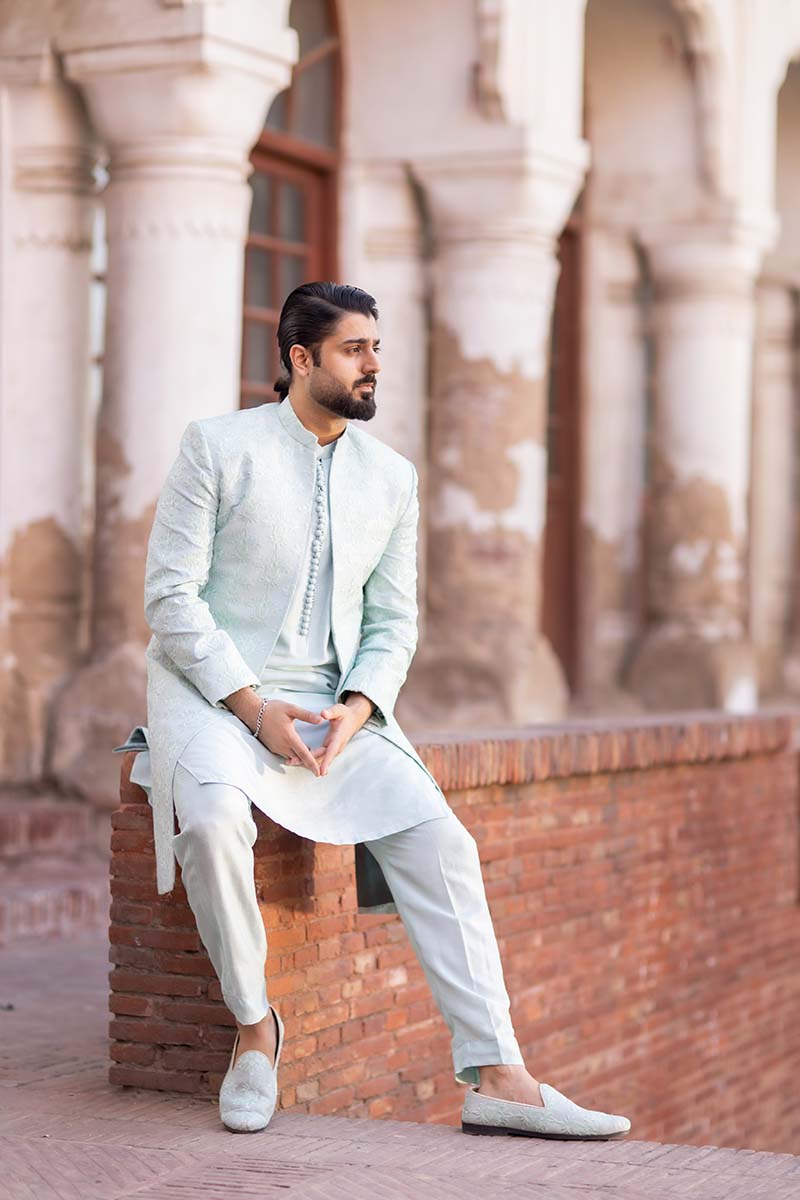 Ice Blue Embroidered Raw Silk Sherwani (3-Piece) - Image 3