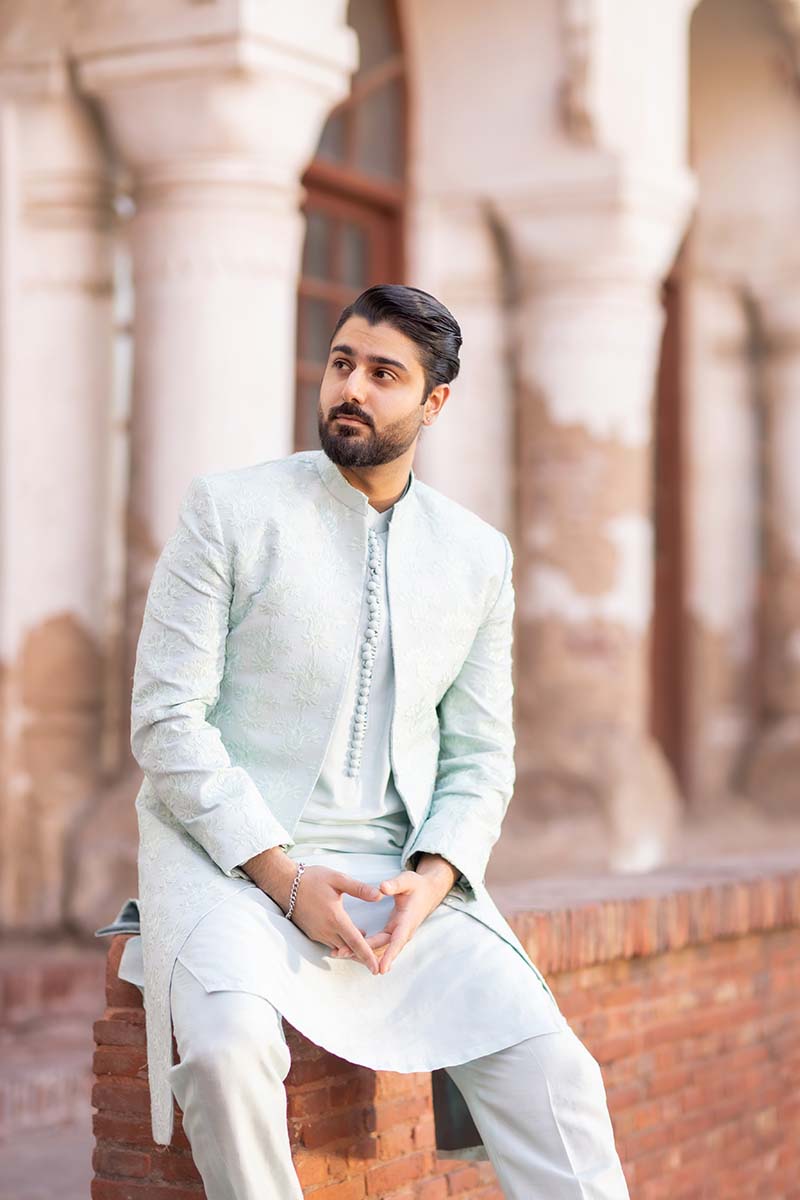 Ice Blue Embroidered Raw Silk Sherwani (3-Piece) - Image 4