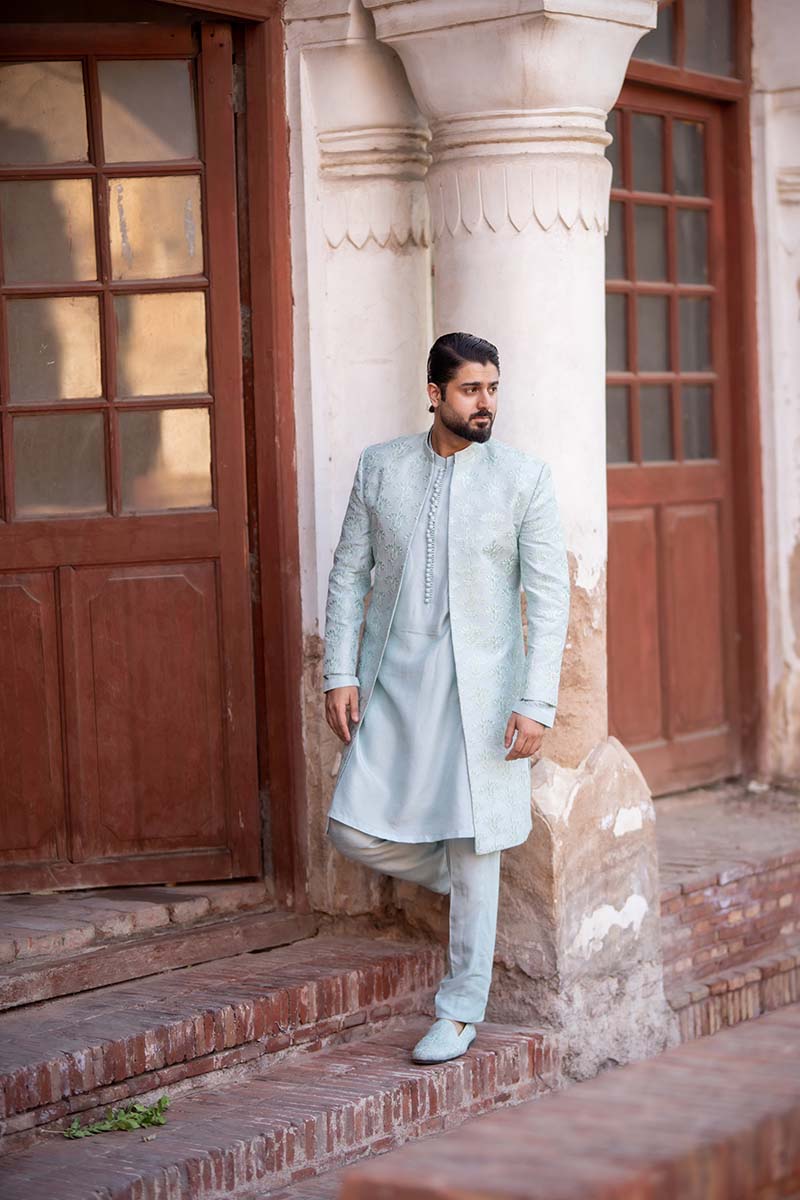 Ice Blue Embroidered Raw Silk Sherwani (3-Piece) - Image 5