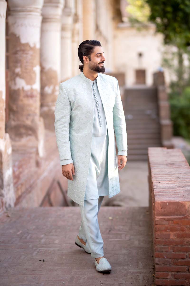 Ice Blue Embroidered Raw Silk Sherwani (3-Piece) - Image 6