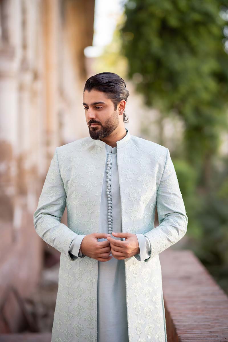 Ice Blue Embroidered Raw Silk Sherwani (3-Piece) - Image 7