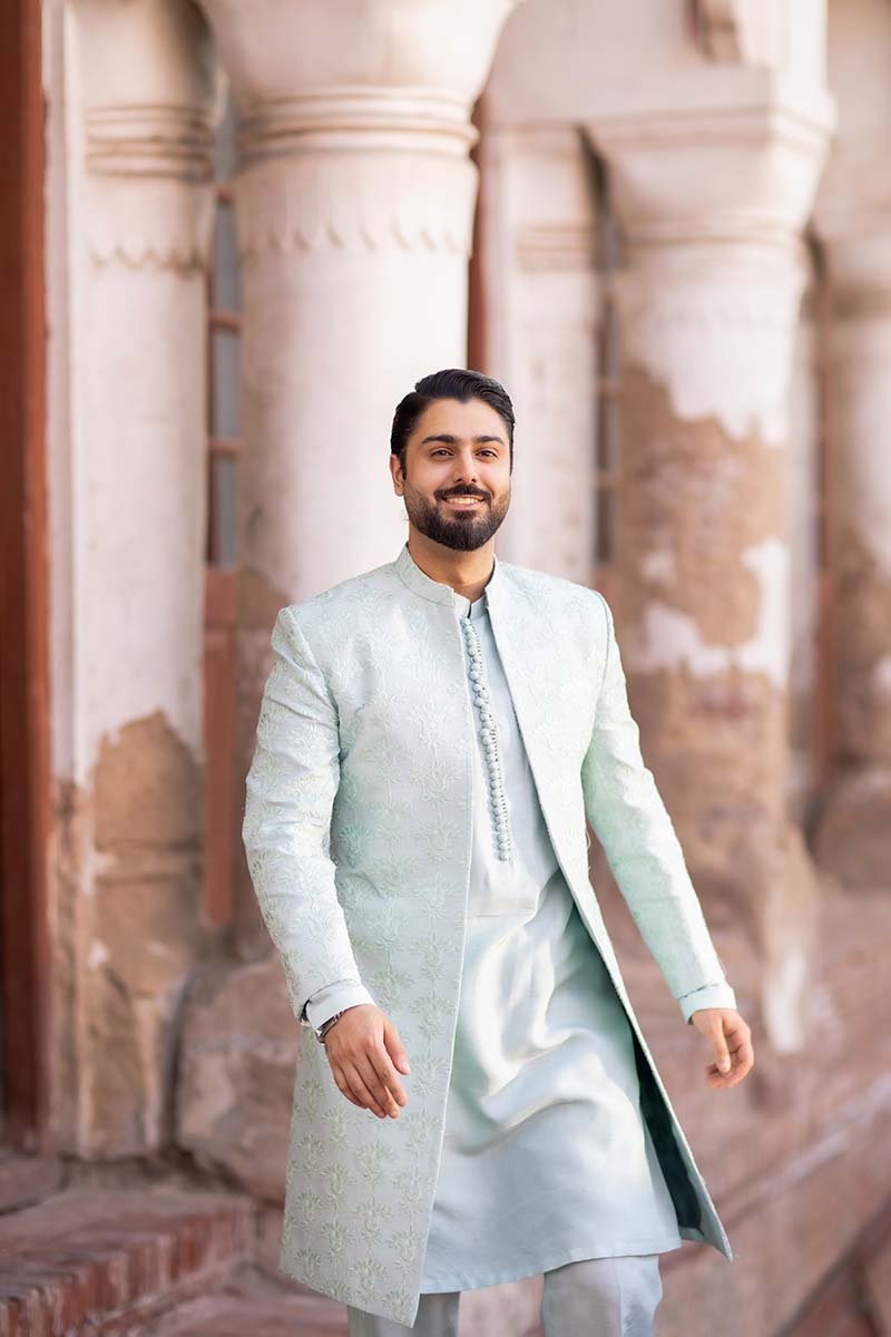 Ice Blue Embroidered Raw Silk Sherwani (3-Piece) - Image 8