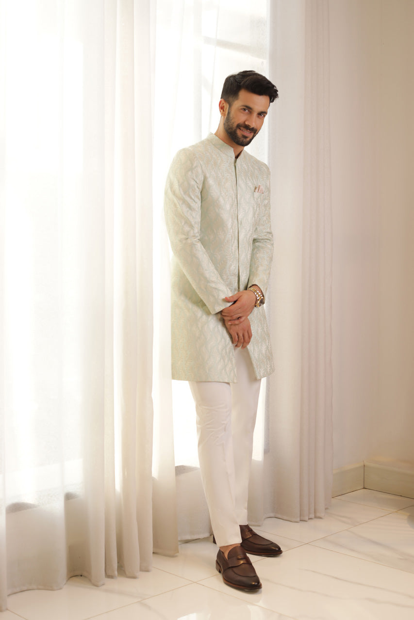 Aqua Embroidered Raw Silk Sherwani (2-Piece) - Image 2
