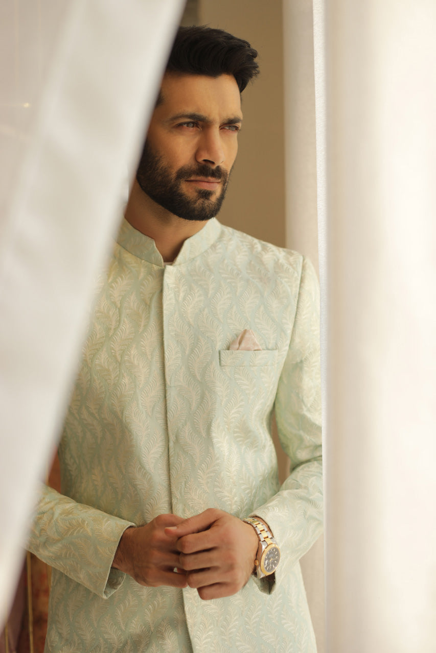 Aqua Embroidered Raw Silk Sherwani (2-Piece) - Image 3