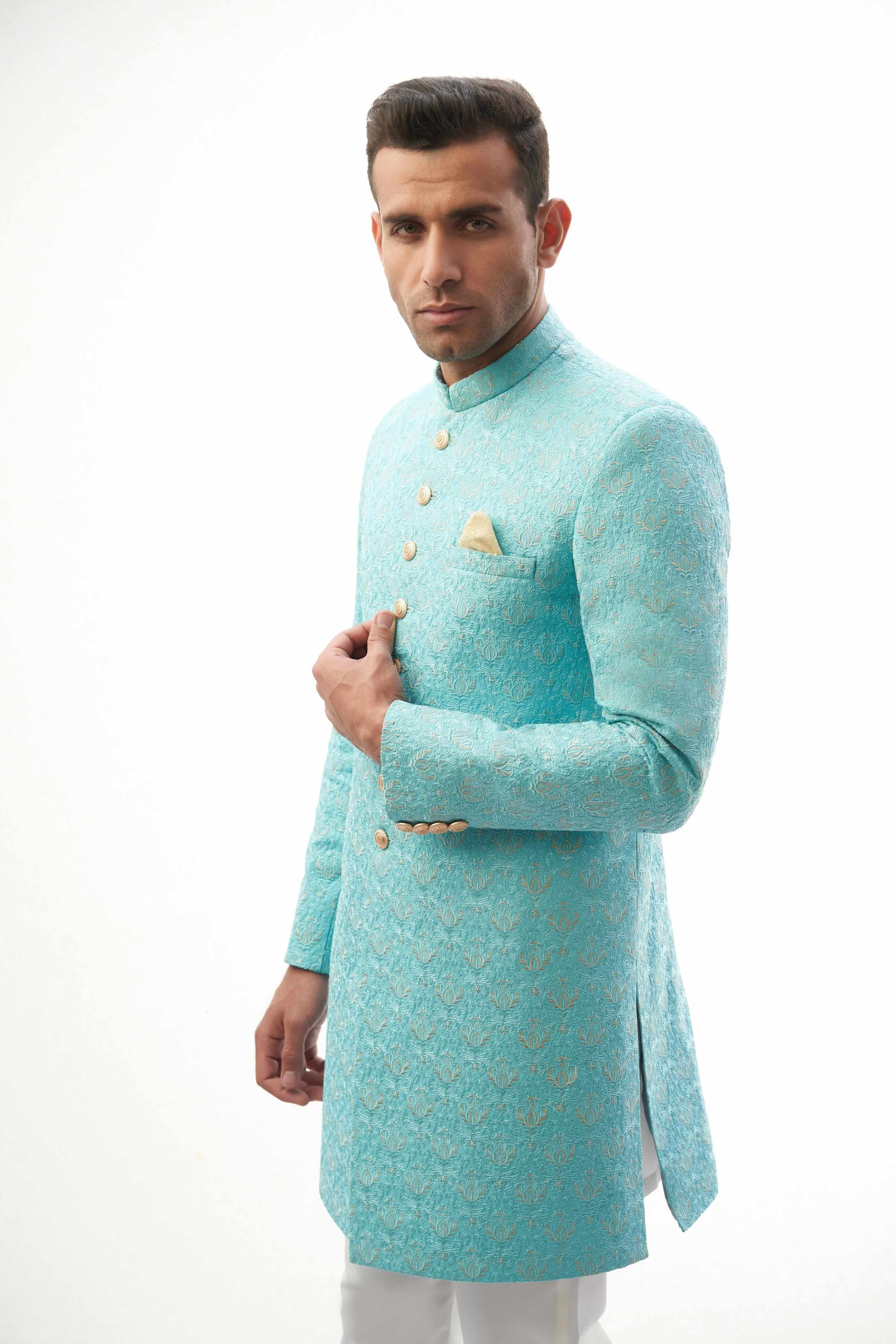 Sky Blue Resham & Gold Tilla Rawsilk Sherwani (3-Piece) - Image 1