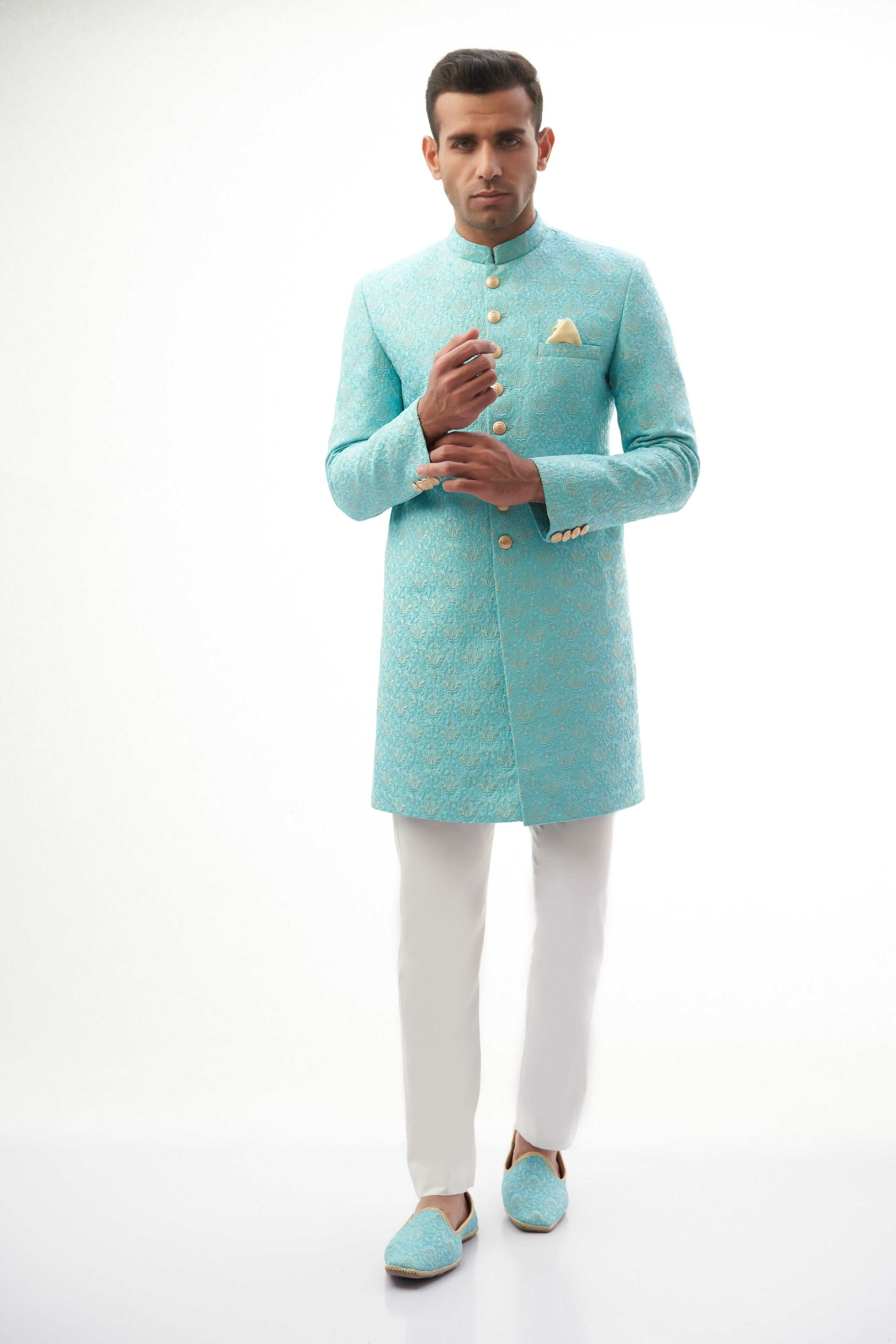 Sky Blue Resham & Gold Tilla Rawsilk Sherwani (3-Piece) - Image 3