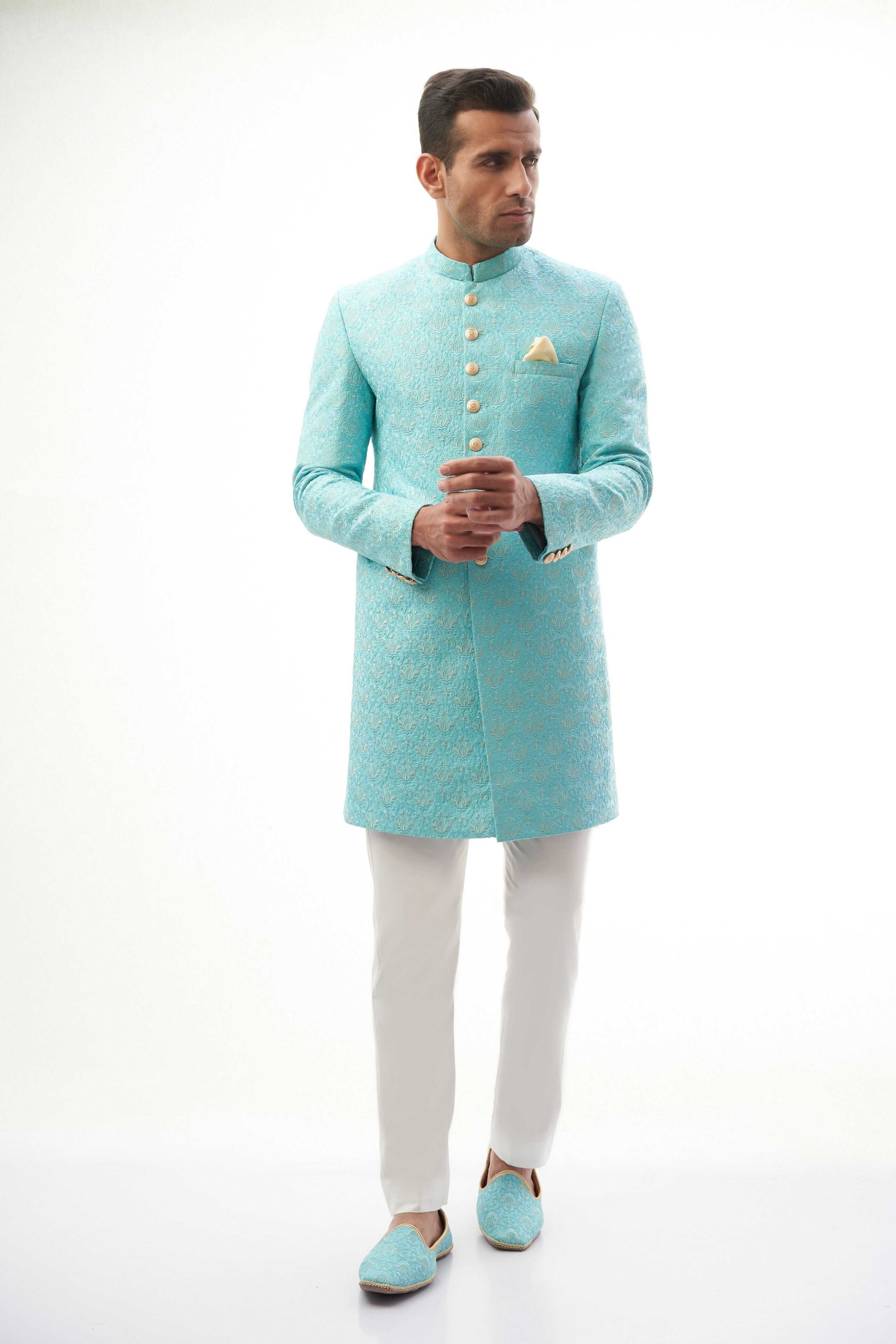 Sky Blue Resham & Gold Tilla Rawsilk Sherwani (3-Piece) - Image 4
