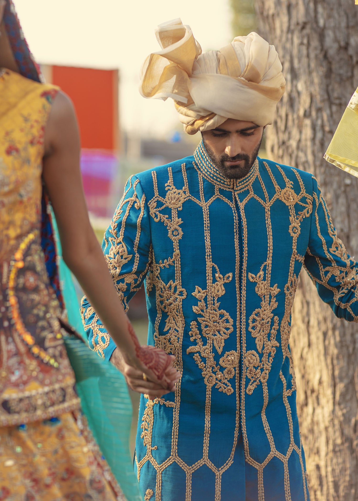 Royal Blue Golden Embroidered Silk-Blend Sherwani (2-Piece) - Image 1