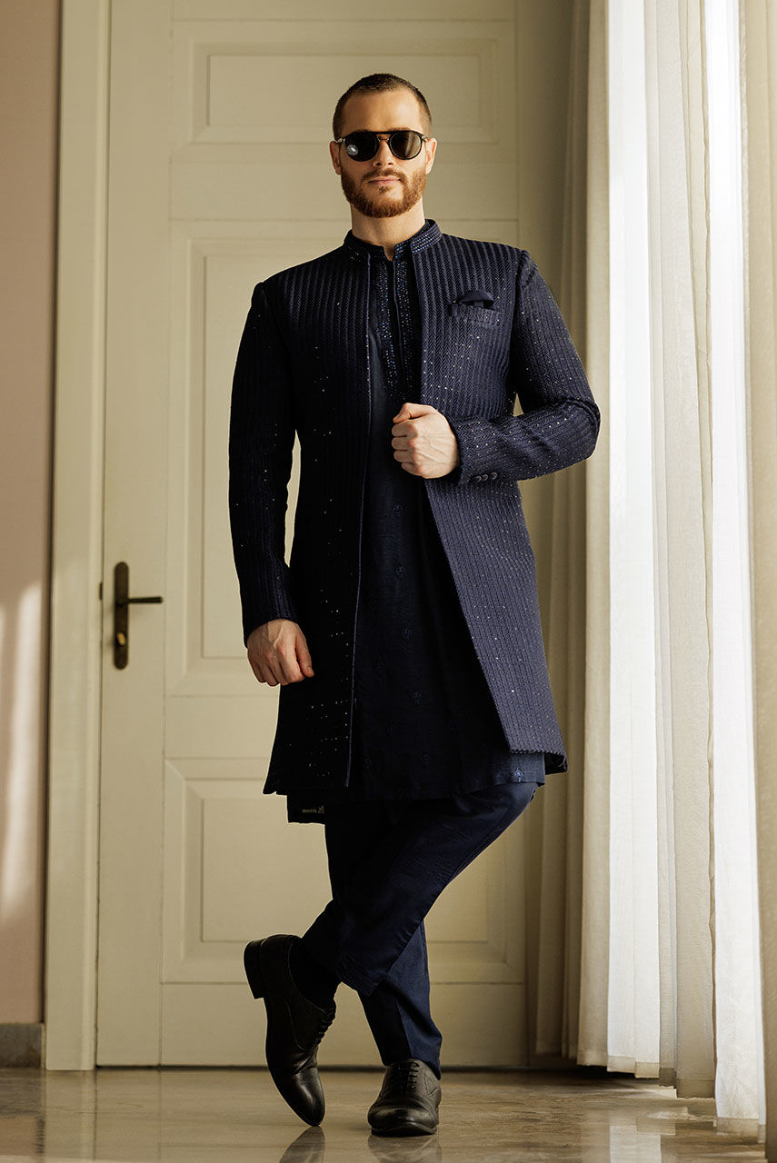 Deep Blue Handworked Silk-Blend Sherwani (3-Piece) - Image 1