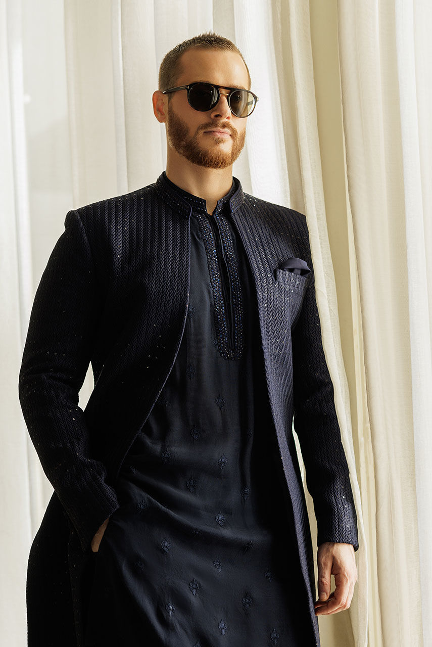 Deep Blue Handworked Silk-Blend Sherwani (3-Piece) - Image 2