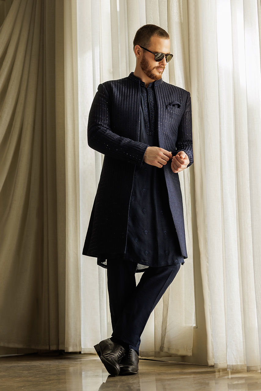 Deep Blue Handworked Silk-Blend Sherwani (3-Piece) - Image 3