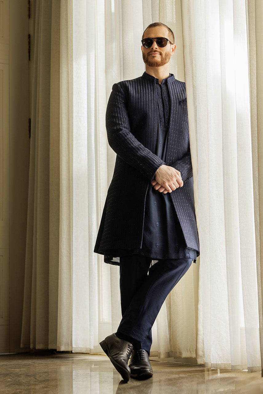 Deep Blue Handworked Silk-Blend Sherwani (3-Piece) - Image 4