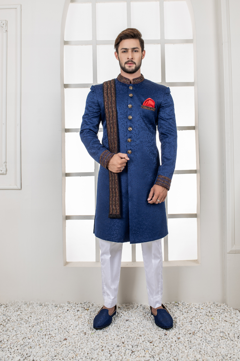 Royal Blue Embroidered Jacquard Achkan Sherwani (3-Piece) - Image 1