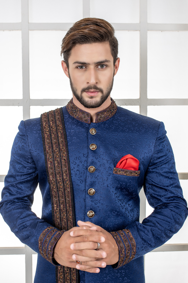 Royal Blue Embroidered Jacquard Achkan Sherwani (3-Piece) - Image 2