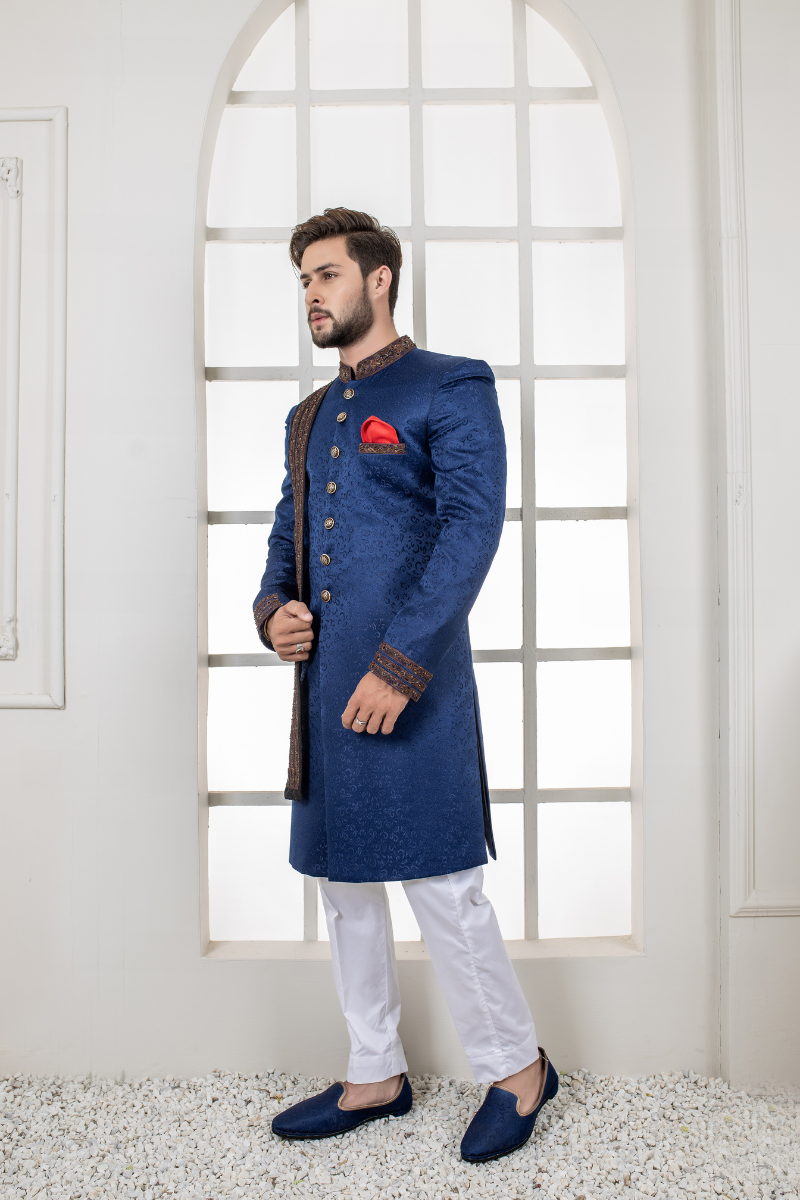 Royal Blue Embroidered Jacquard Achkan Sherwani (3-Piece) - Image 3