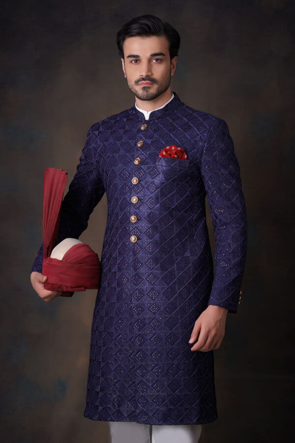 Midnight Blue Resham Embroidered Silk-Blend Sherwani (2-Piece) - Image 1