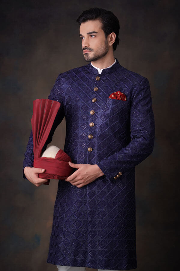 Midnight Blue Resham Embroidered Silk-Blend Sherwani (2-Piece) - Image 2