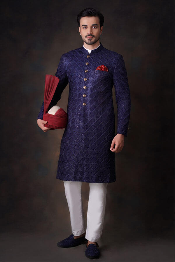 Midnight Blue Resham Embroidered Silk-Blend Sherwani (2-Piece) - Image 3