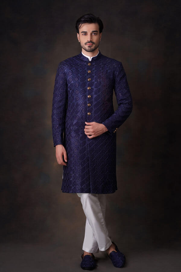 Midnight Blue Resham Embroidered Silk-Blend Sherwani (2-Piece) - Image 4