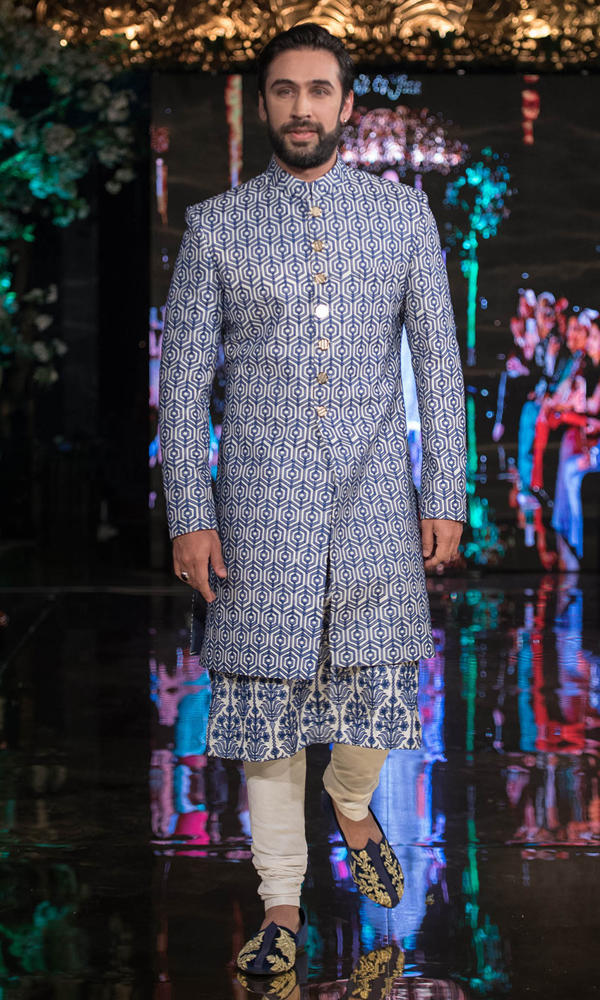 Blue Geometric Printed Silk-Blend Sherwani (3-Piece) - Image 2