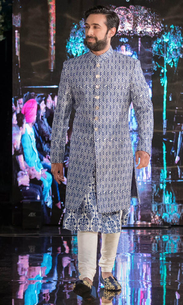 Blue Geometric Printed Silk-Blend Sherwani (3-Piece) - Image 3