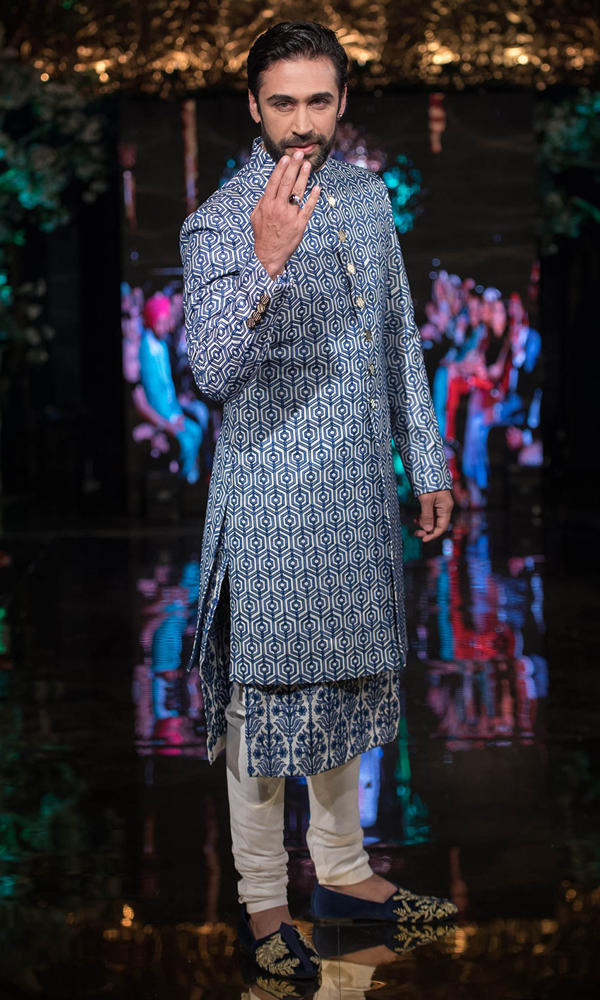 Blue Geometric Printed Silk-Blend Sherwani (3-Piece) - Image 4