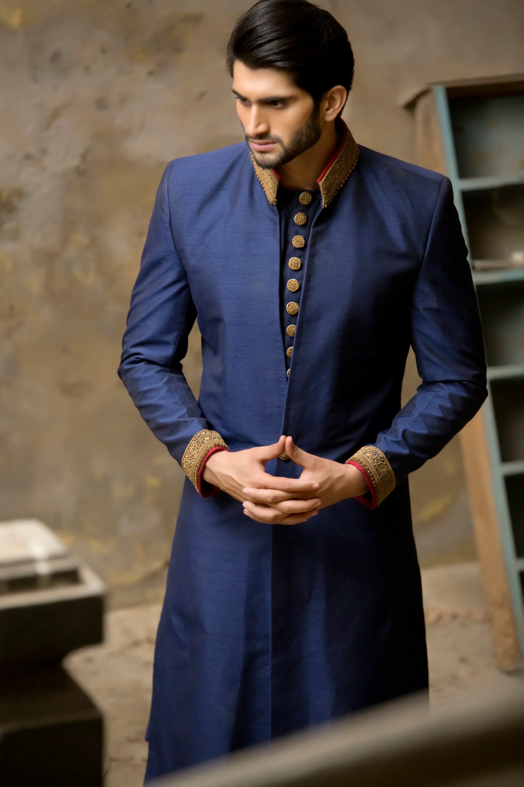 Deep Blue Gold Embroidered Silk-Blend Sherwani (2-Piece) - Image 1