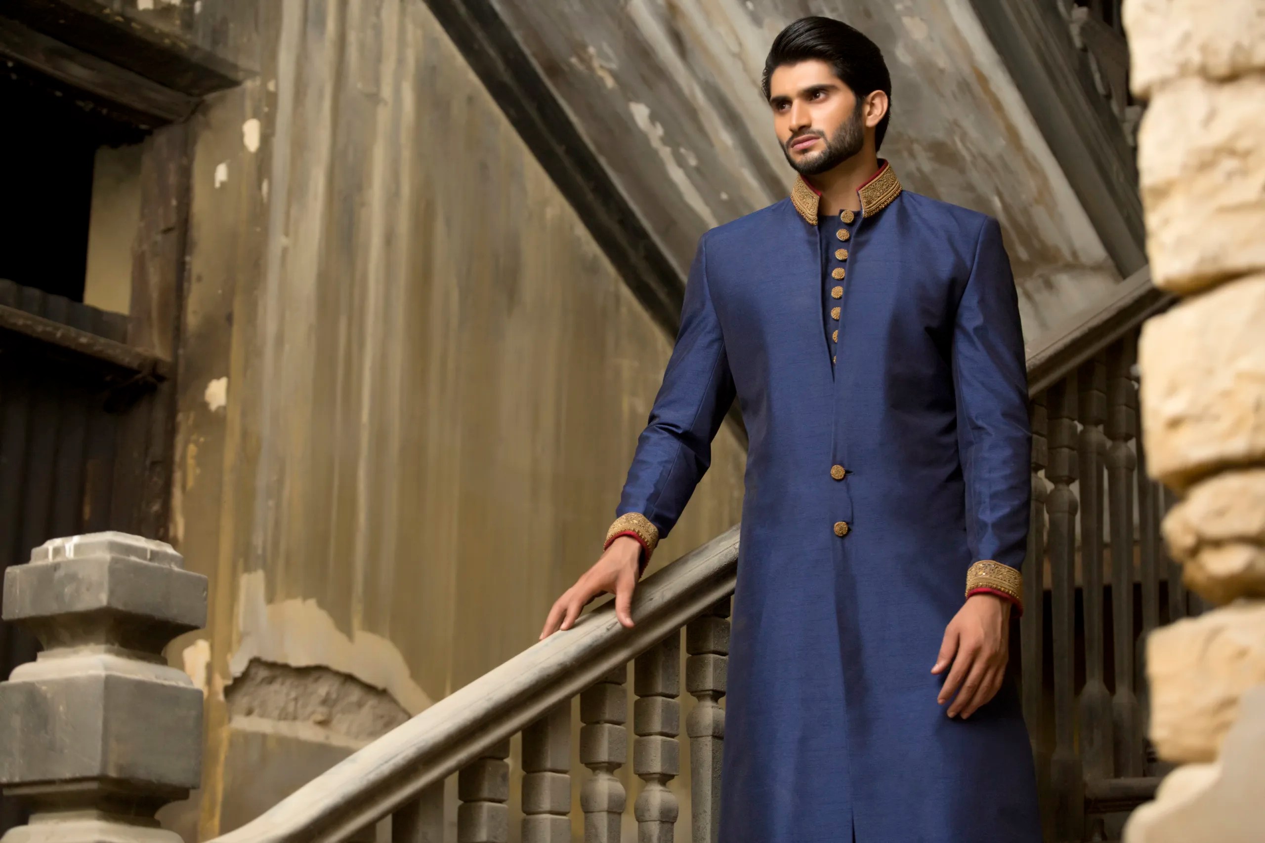 Deep Blue Gold Embroidered Silk-Blend Sherwani (2-Piece) - Image 2