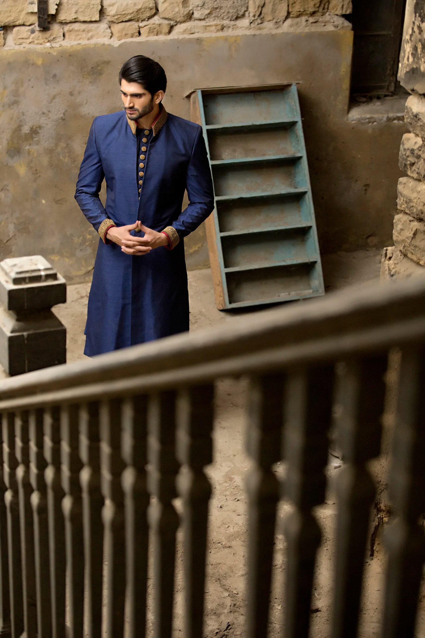 Deep Blue Gold Embroidered Silk-Blend Sherwani (2-Piece) - Image 3