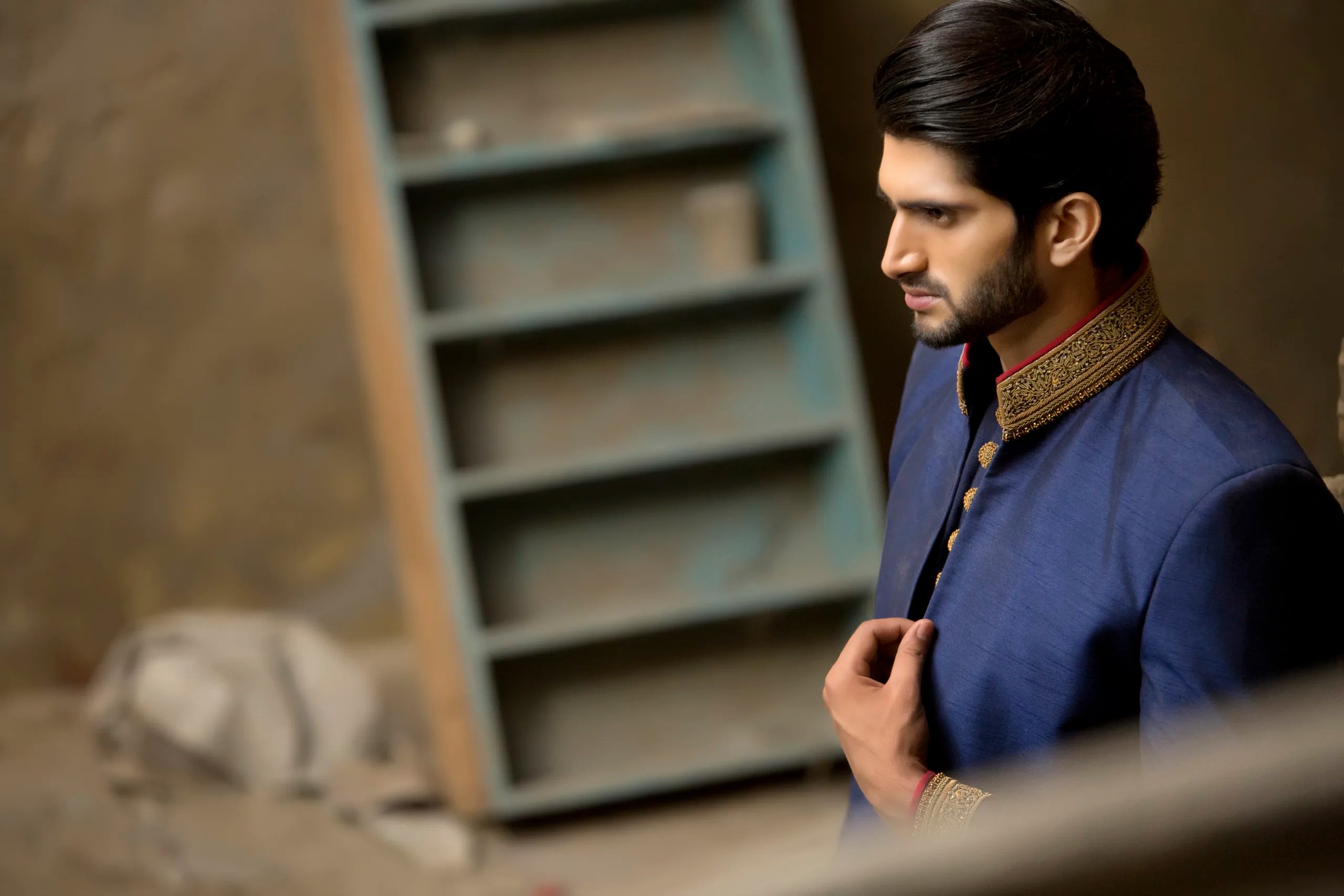 Deep Blue Gold Embroidered Silk-Blend Sherwani (2-Piece) - Image 4