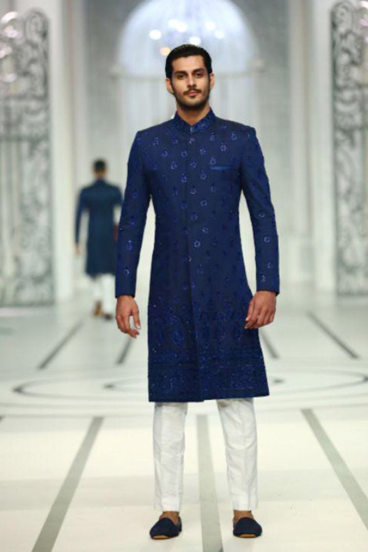Royal Blue Embroidered Silk-Blend Sherwani (2-Piece) - Image 2