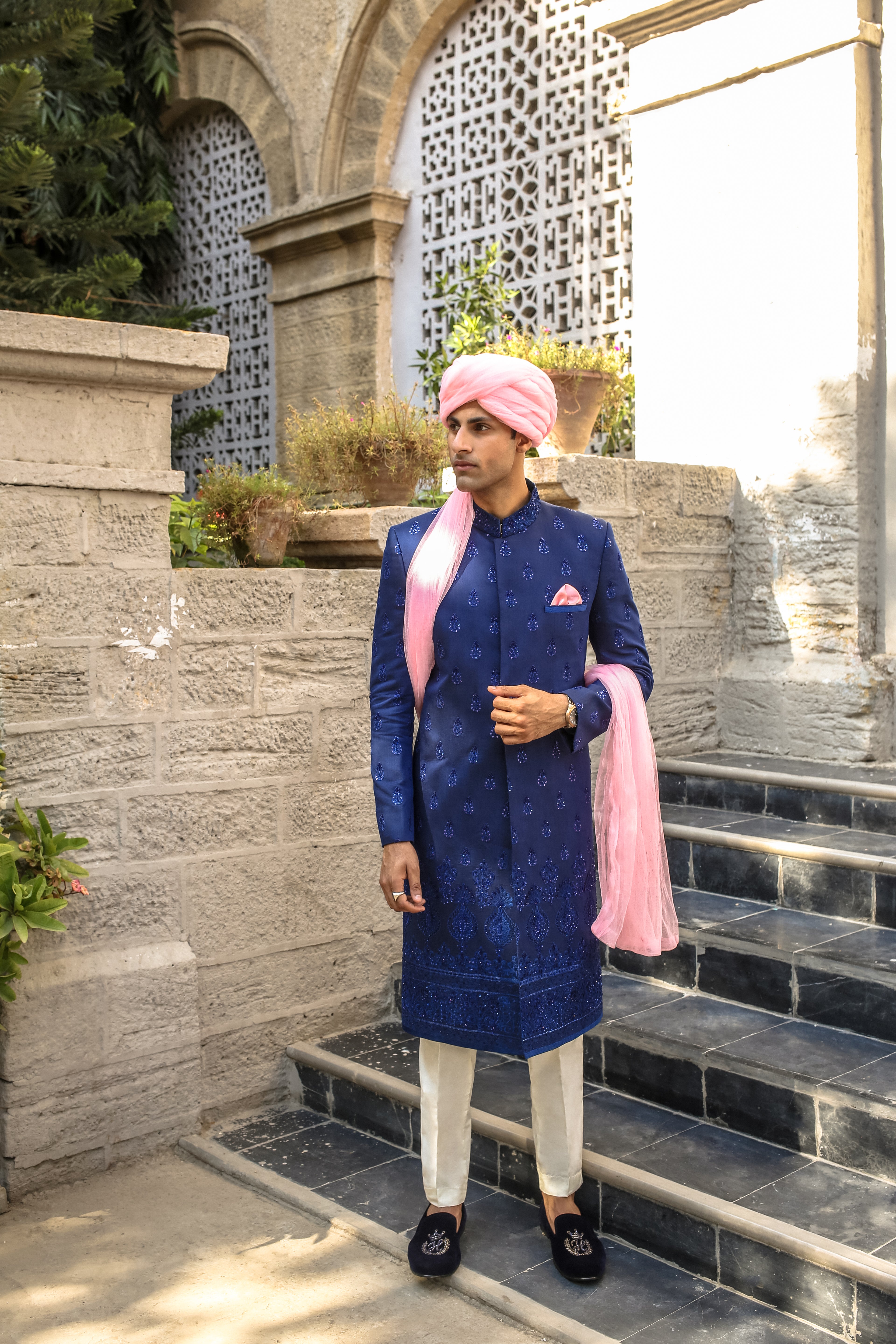 Royal Blue Embroidered Silk-Blend Sherwani (2-Piece) - Image 3