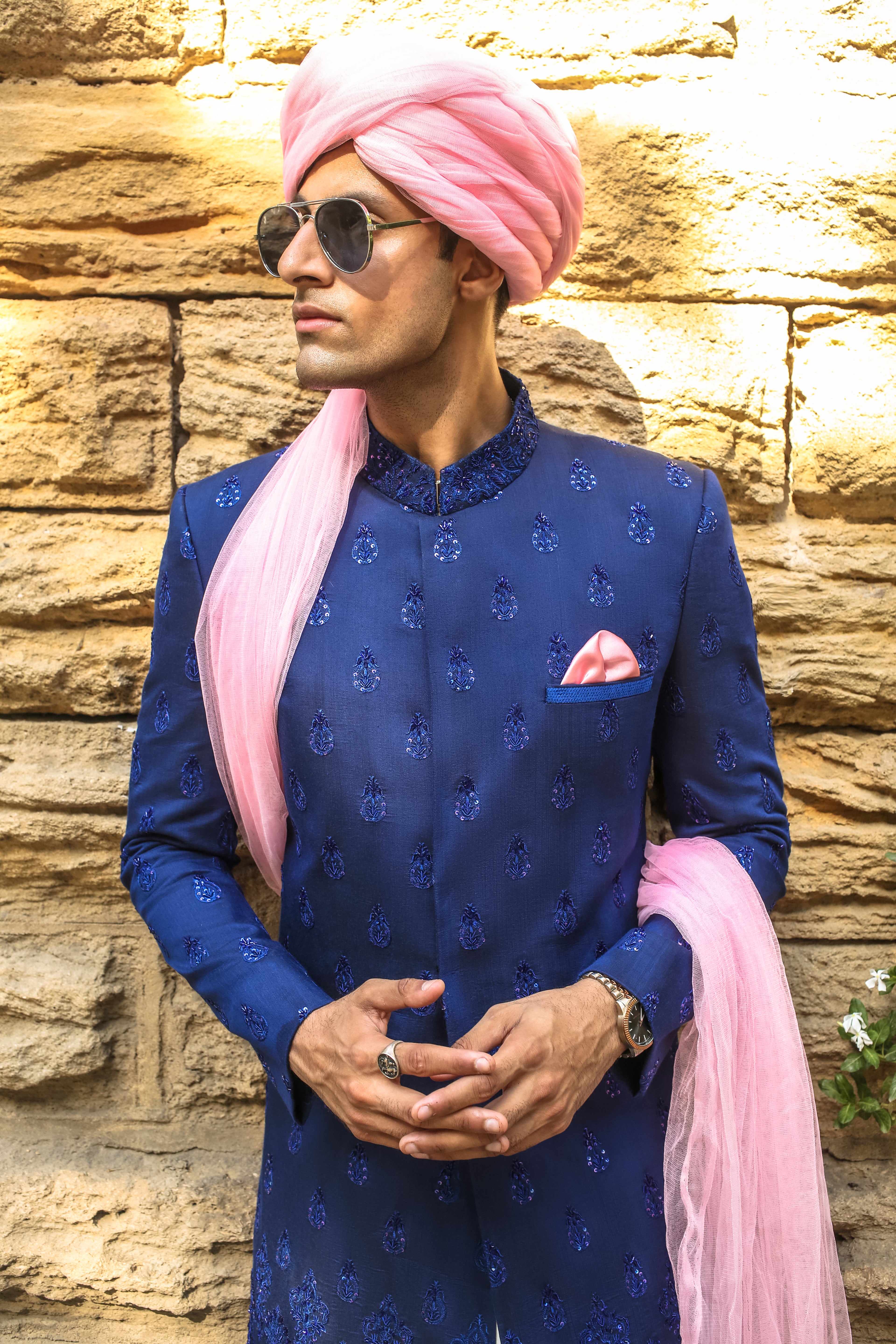 Royal Blue Embroidered Silk-Blend Sherwani (2-Piece) - Image 4