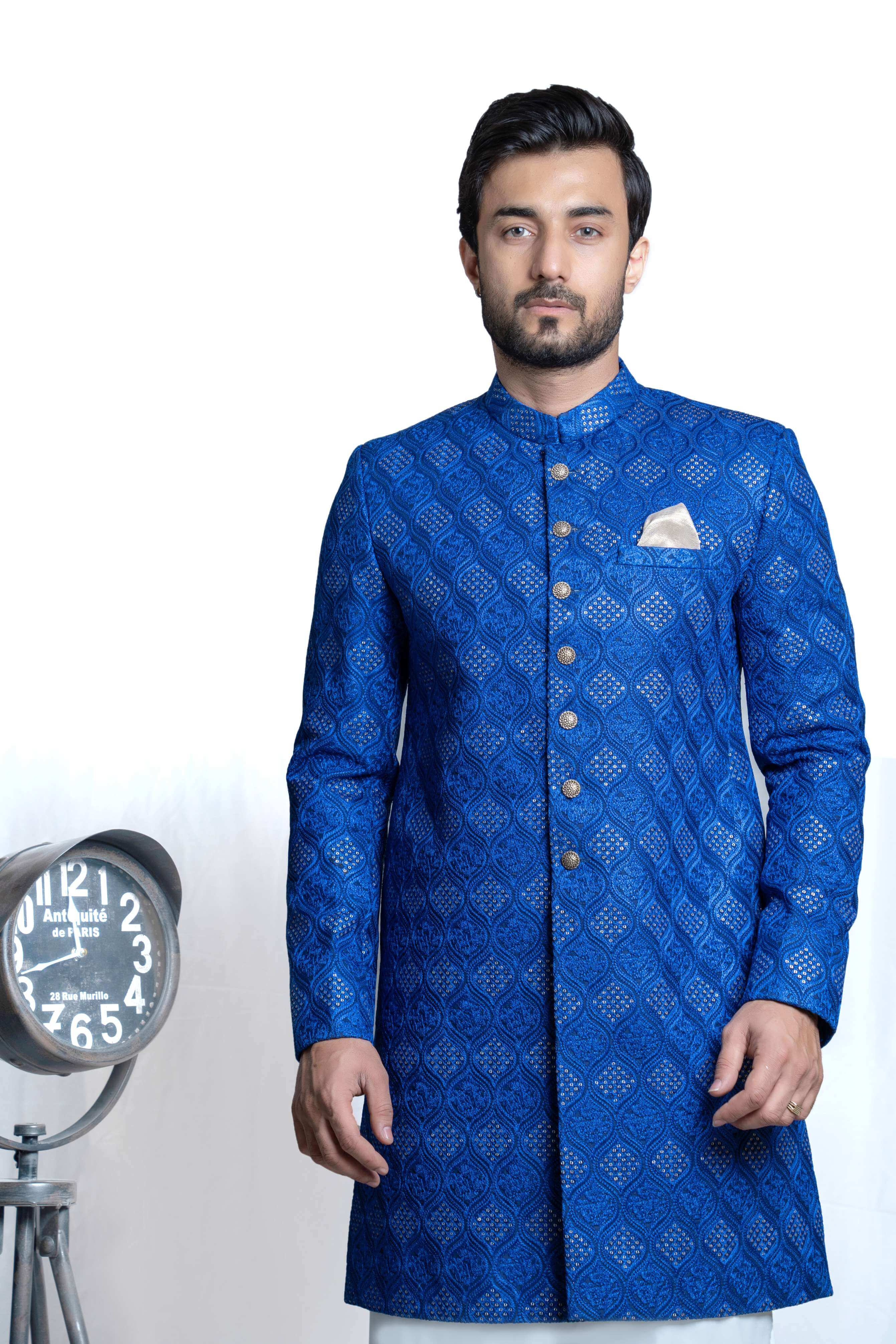 Royal Blue Zari Resham Silk-Blend Short Sherwani (3-Piece) - Image 1