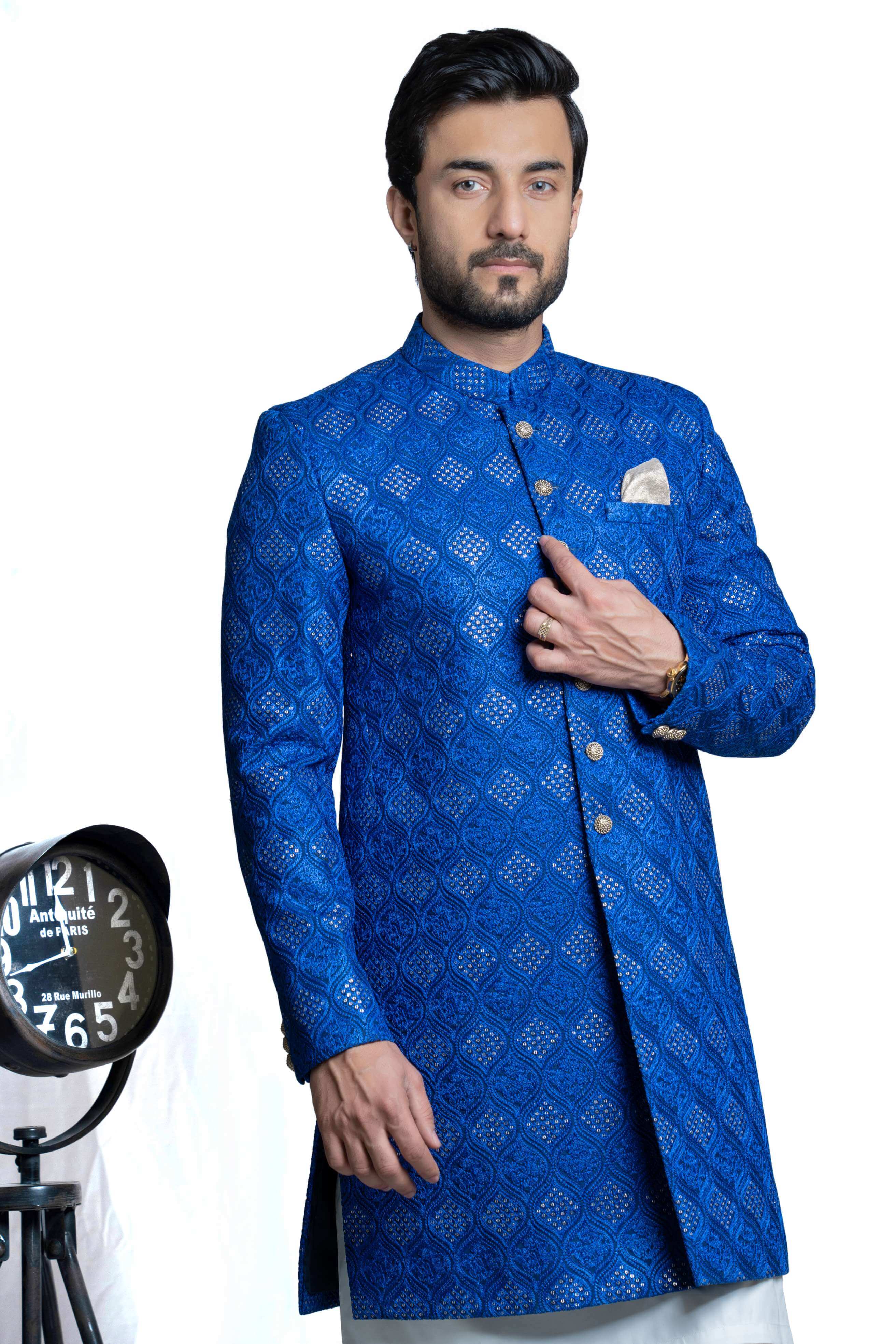 Royal Blue Zari Resham Silk-Blend Short Sherwani (3-Piece) - Image 2
