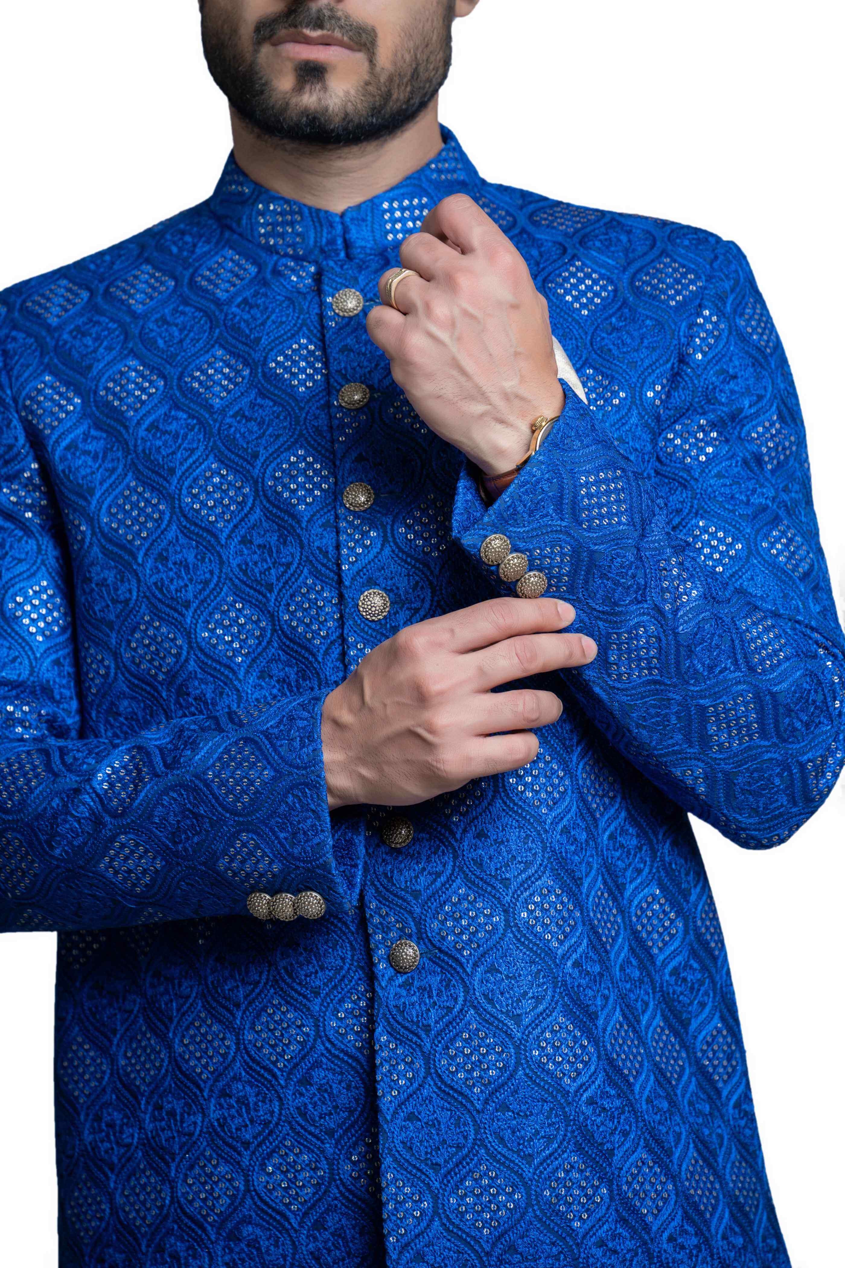 Royal Blue Zari Resham Silk-Blend Short Sherwani (3-Piece) - Image 3